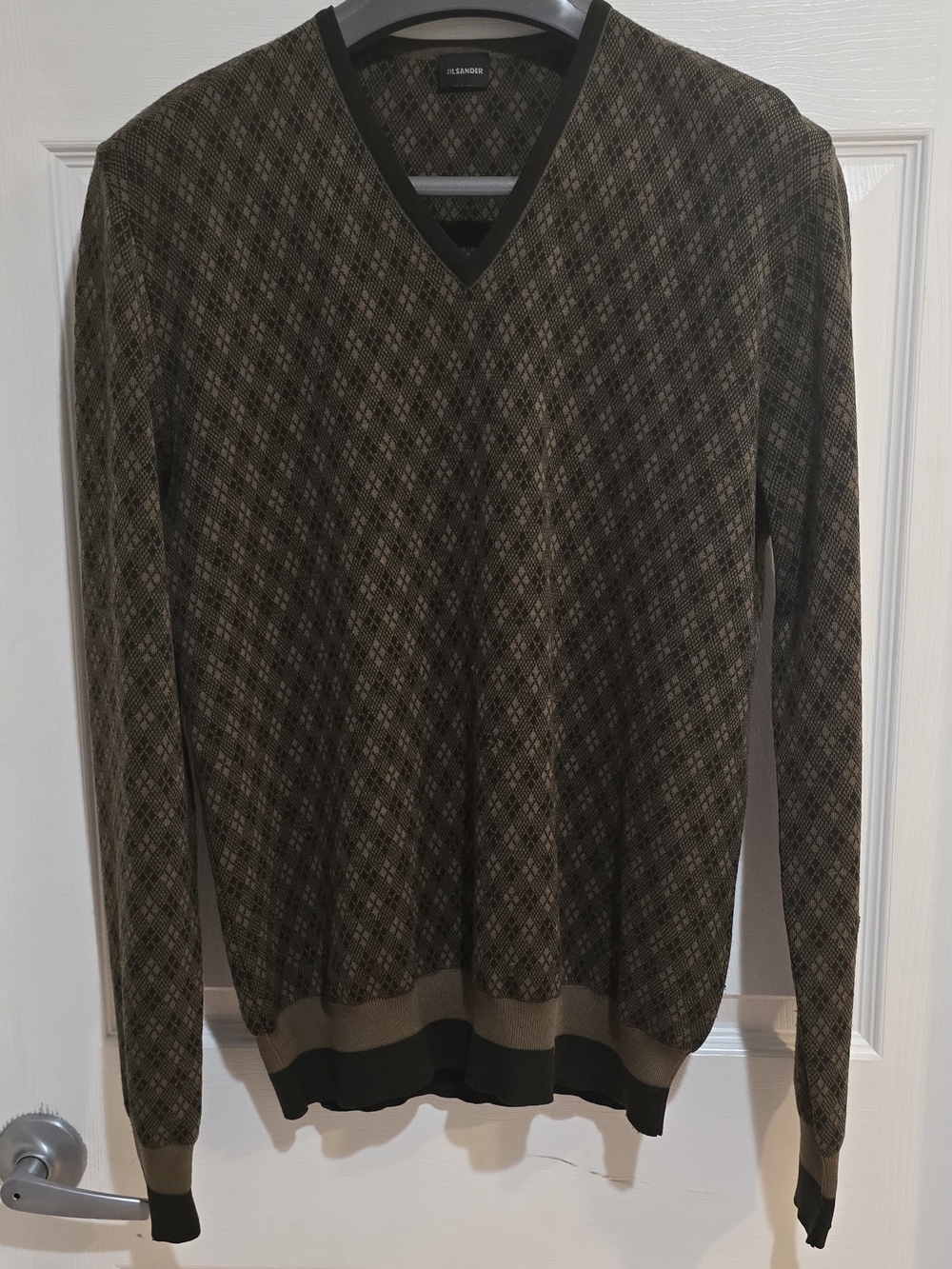 Jil Sander Olive and Brown V-Neck Knit Sweater